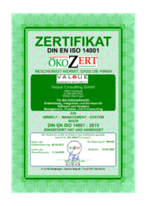 Oeko-Zertifikat DIN EN ISO 14001 Valyue Consulting 2025