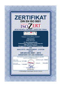 Zertifikat DIN EN ISO 9001 Valyue Consulting 2025