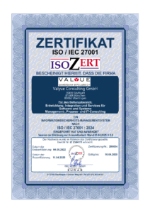 Zertifikat ISO IEC 27001 Valyue Consulting 2025