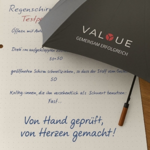 Valyue Regenschirm mit Testprotokoll Valyue Regenschirm mit Testprotokoll
